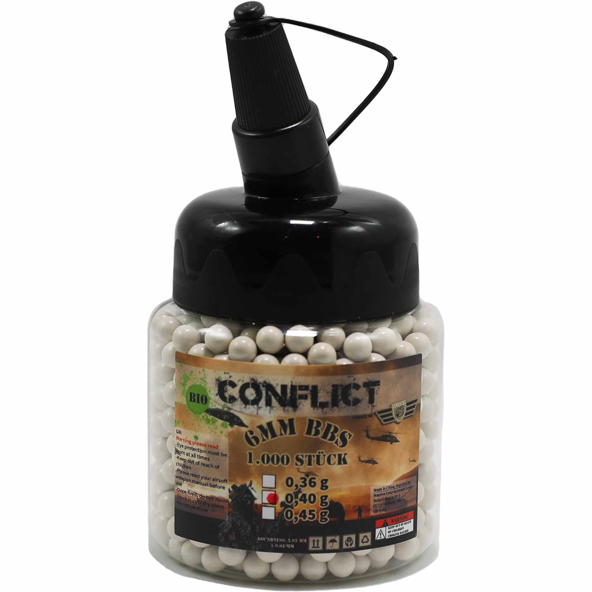 CONFLICT BIO BBs 6mm 0,40g 1.000 Stück Flasche CONFLICT BIO BBs 6mm 0,40g 1.000 Stück Flasche