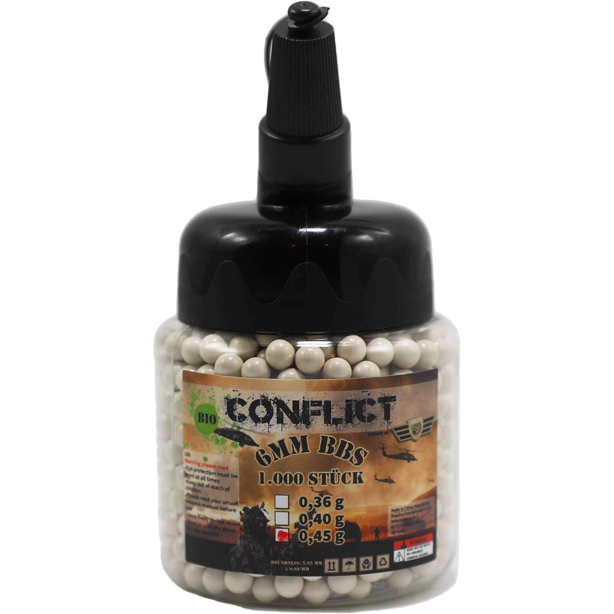 CONFLICT BIO BBs 6mm 0,45g 1.000 Stück Flasche CONFLICT BIO BBs 6mm 0,45g 1.000 Stück Flasche